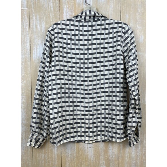 Talbots Size 6 Cream Black Pure 100% Silk Basketweave Button Front Blouse Top - Picture 3 of 6